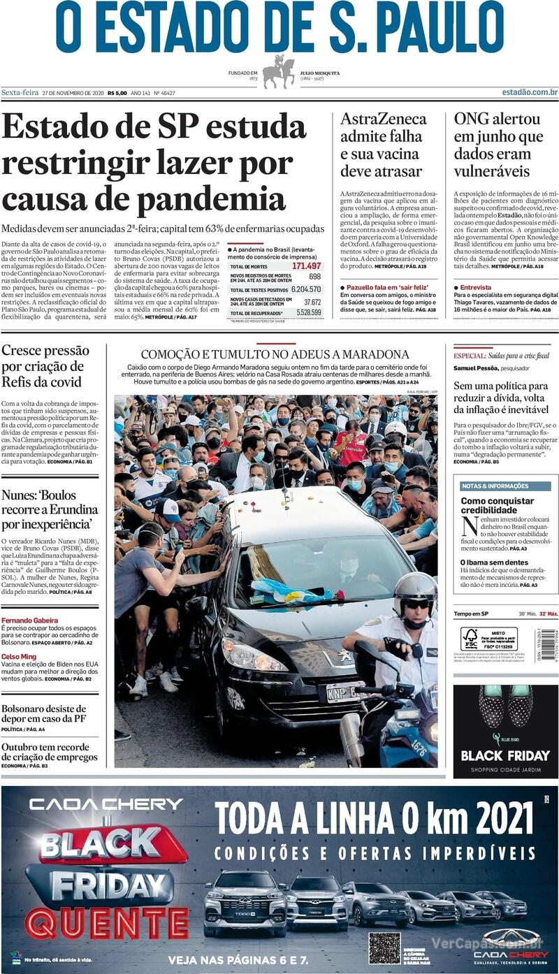 Capa do jornal O Estado de Sao Paulo 27/11/2020
