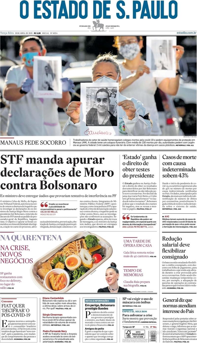 Capa do jornal O Estado de Sao Paulo 28/04/2020