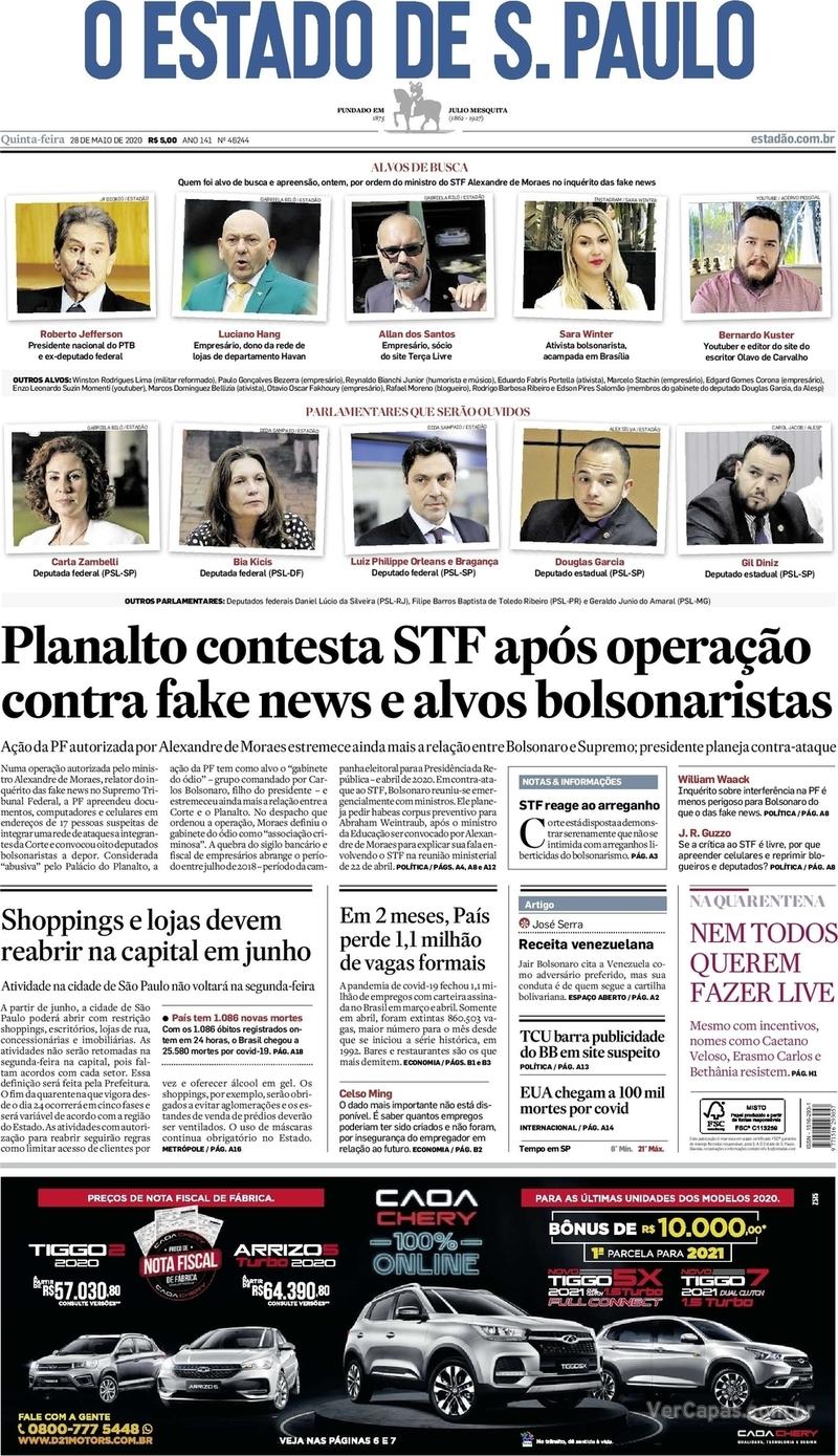 Capa do jornal O Estado de Sao Paulo 28/05/2020
