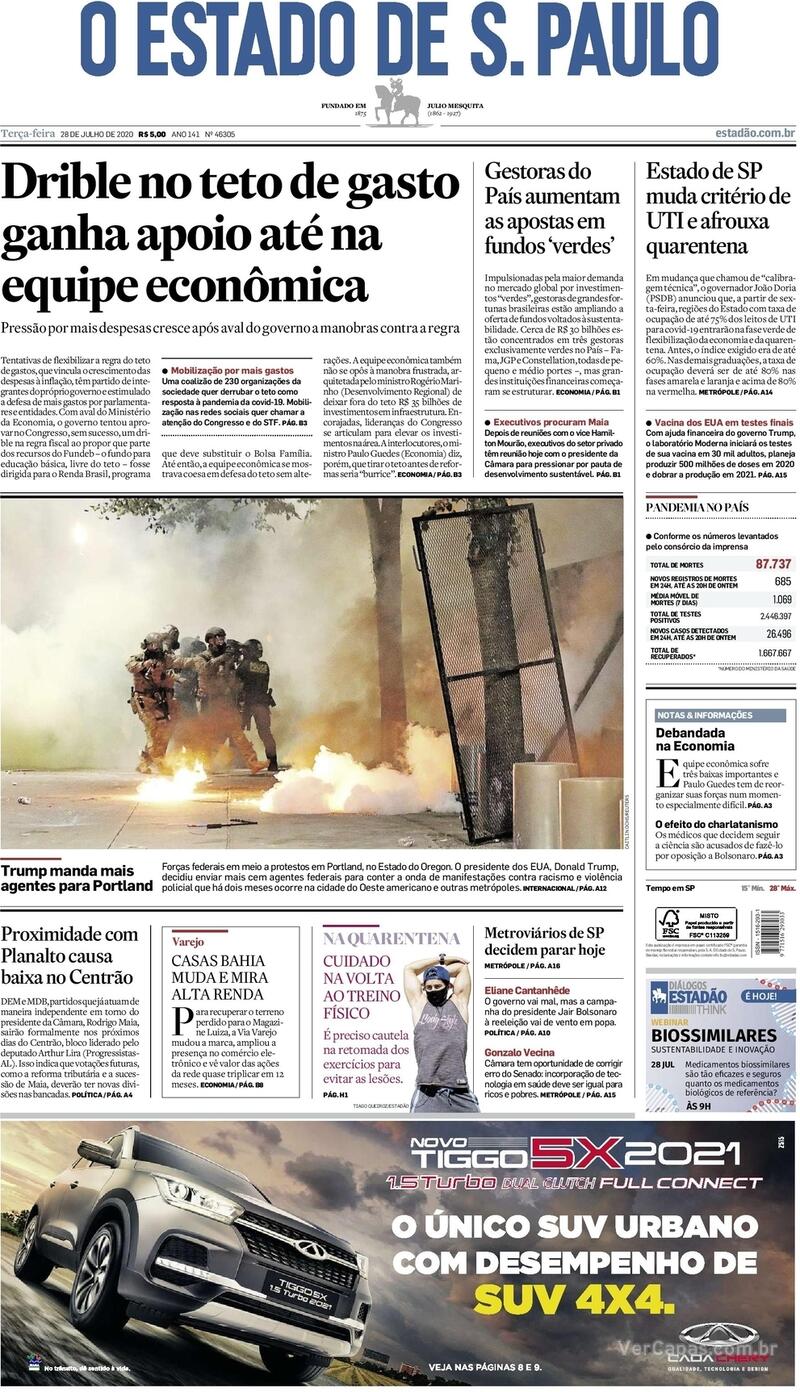 Capa do jornal O Estado de Sao Paulo 28/07/2020