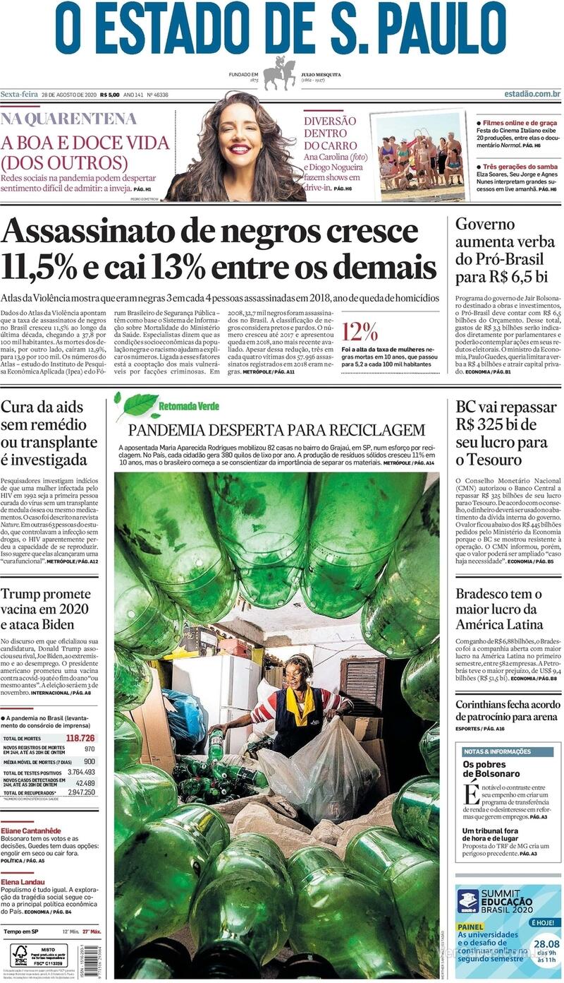Capa do jornal O Estado de Sao Paulo 28/08/2020