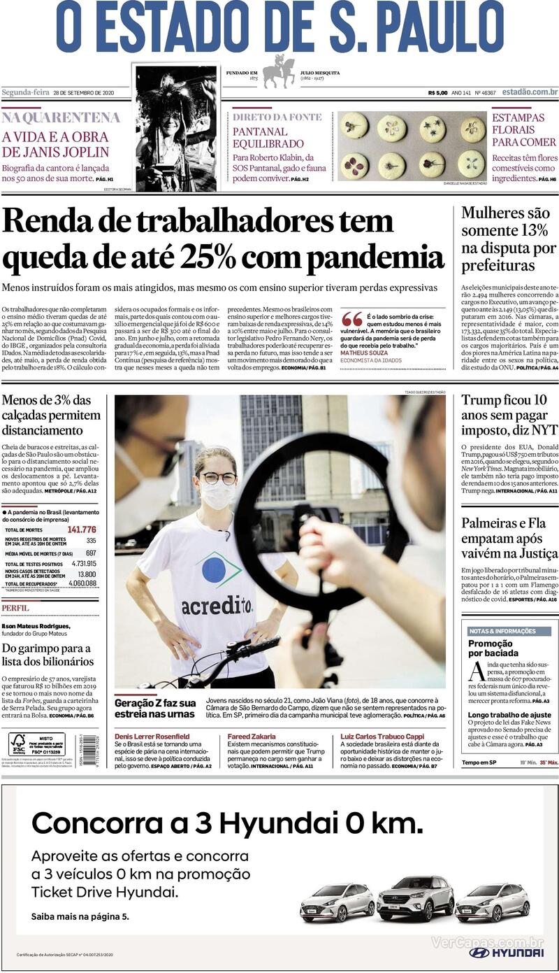 Capa do jornal O Estado de Sao Paulo 28/09/2020