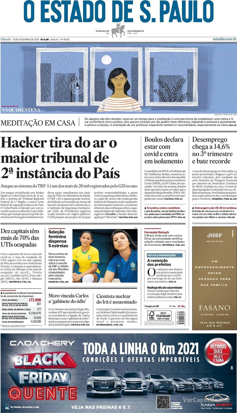 Capa do jornal O Estado de Sao Paulo 28/11/2020
