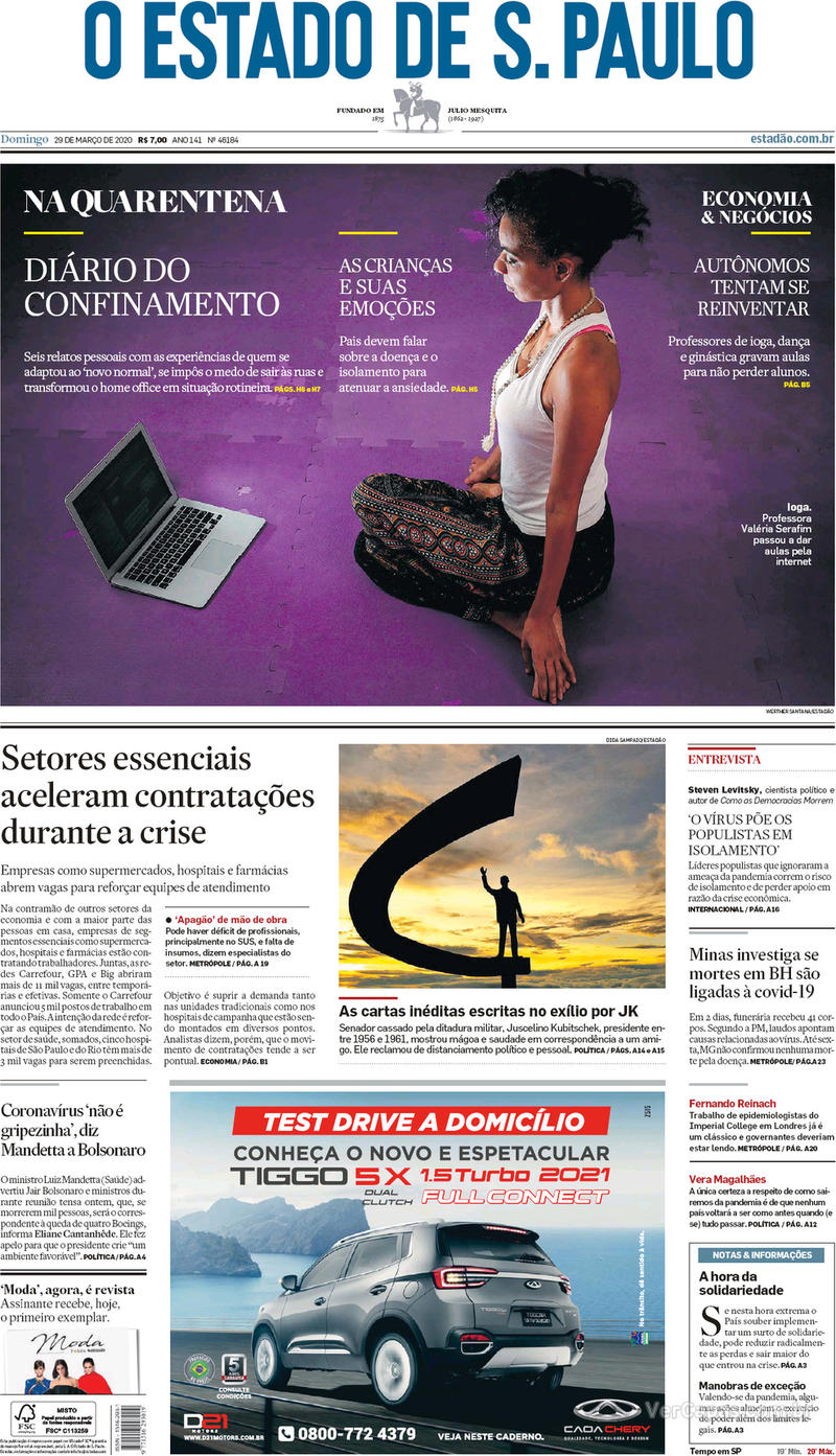 Capa do jornal O Estado de Sao Paulo 29/03/2020