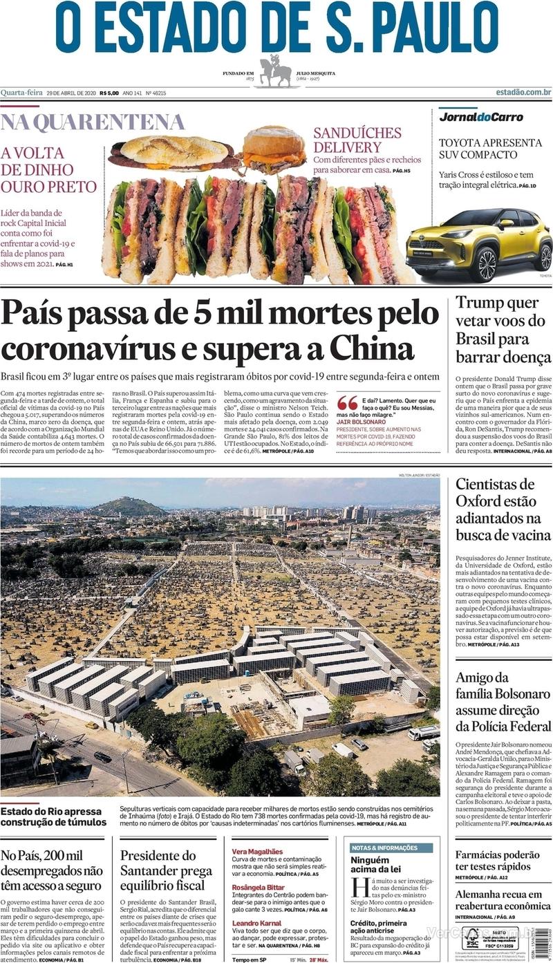 Capa do jornal O Estado de Sao Paulo 29/04/2020