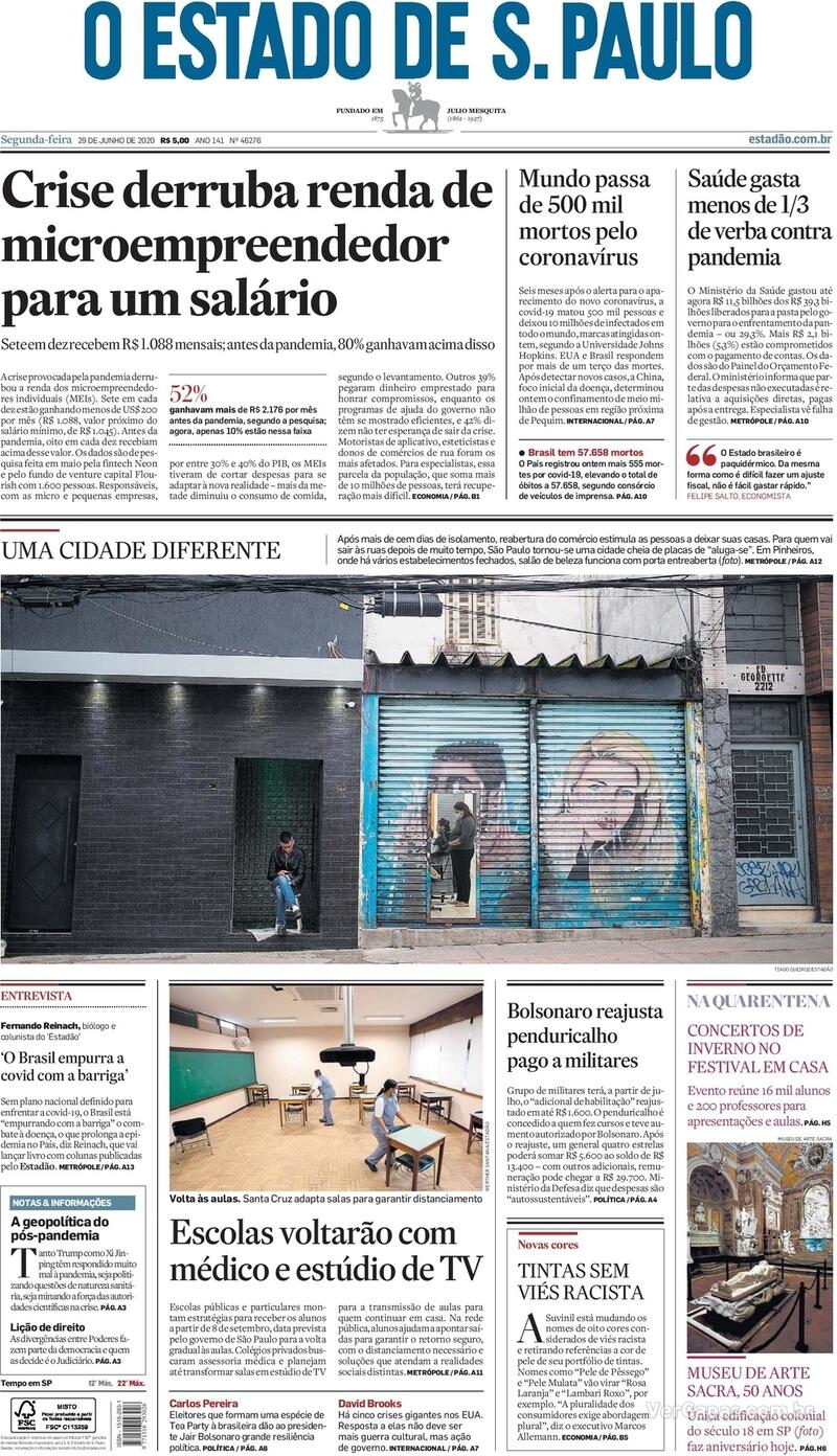 Capa do jornal O Estado de Sao Paulo 29/06/2020