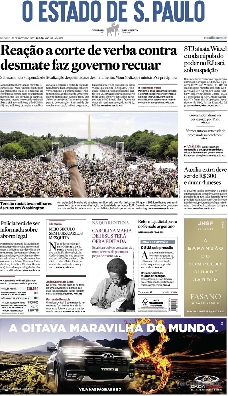 Capa do jornal O Estado de Sao Paulo 29/08/2020