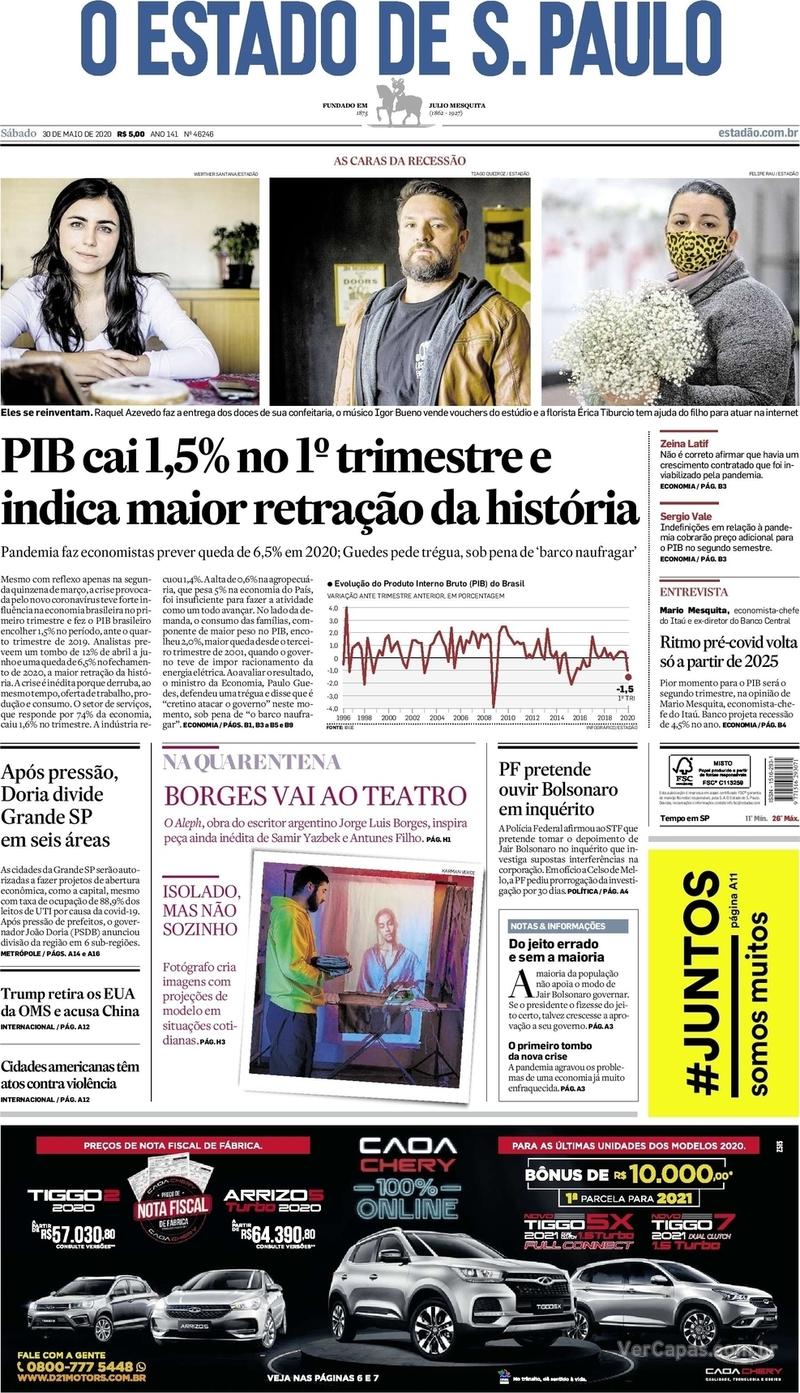 Capa do jornal O Estado de Sao Paulo 30/05/2020