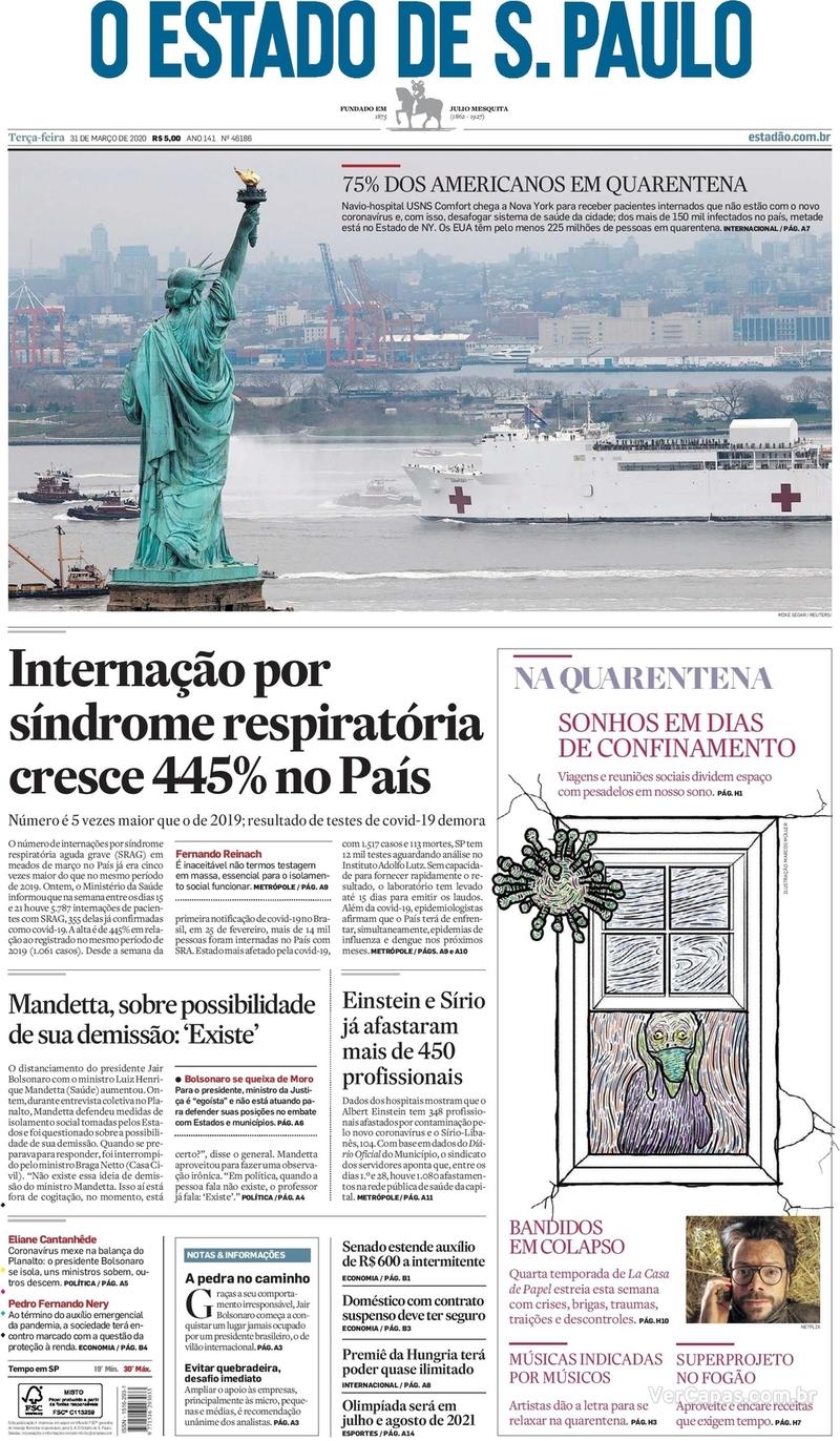 Capa do jornal O Estado de Sao Paulo 31/03/2020