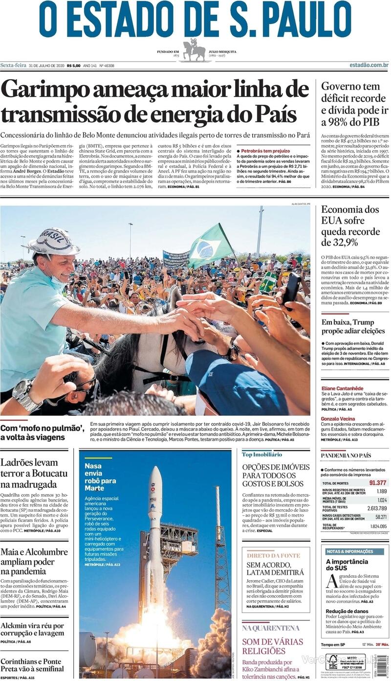 Capa do jornal O Estado de Sao Paulo 31/07/2020