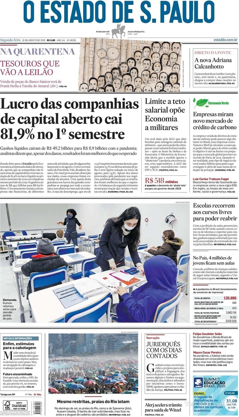 Capa do jornal O Estado de Sao Paulo 31/08/2020