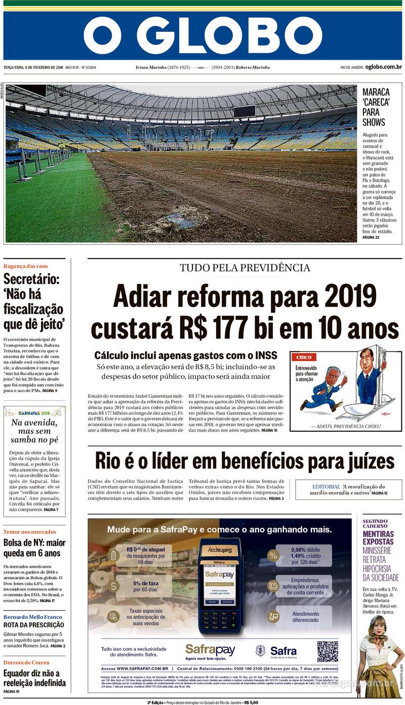 Capa do jornal O Globo 06/02/2018