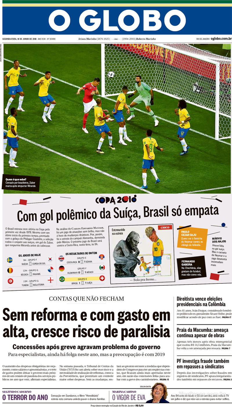 Capa do jornal O Globo 18/06/2018