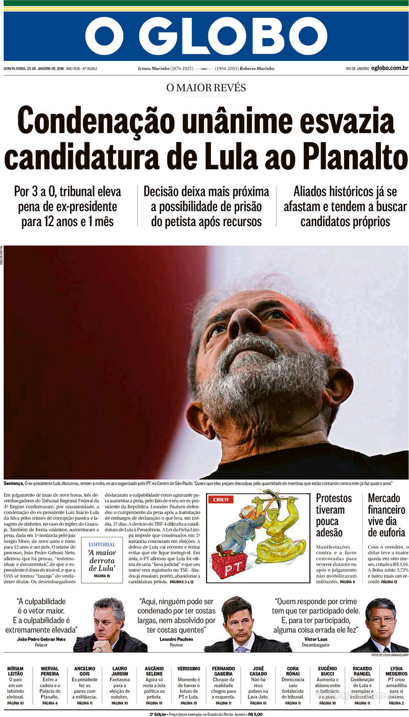 Capa O Globo Edição Quinta25 De Janeiro De 2018 9122