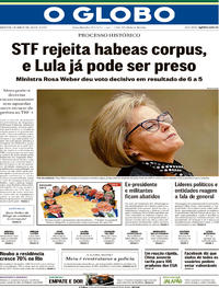 Capa do jornal O Globo 05/04/2018