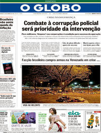 Capa do jornal O Globo 18/02/2018