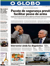 Capa do jornal O Globo 21/02/2018