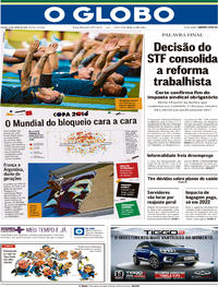 Capa do jornal O Globo 30/06/2018