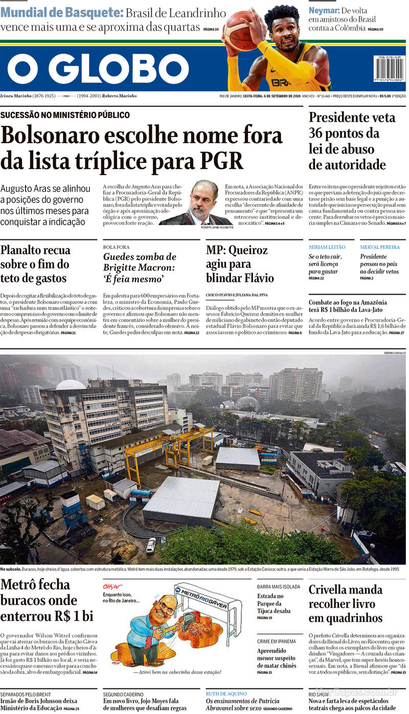 Capa O Globo Edição Sexta 6 De Setembro De 2019 6379