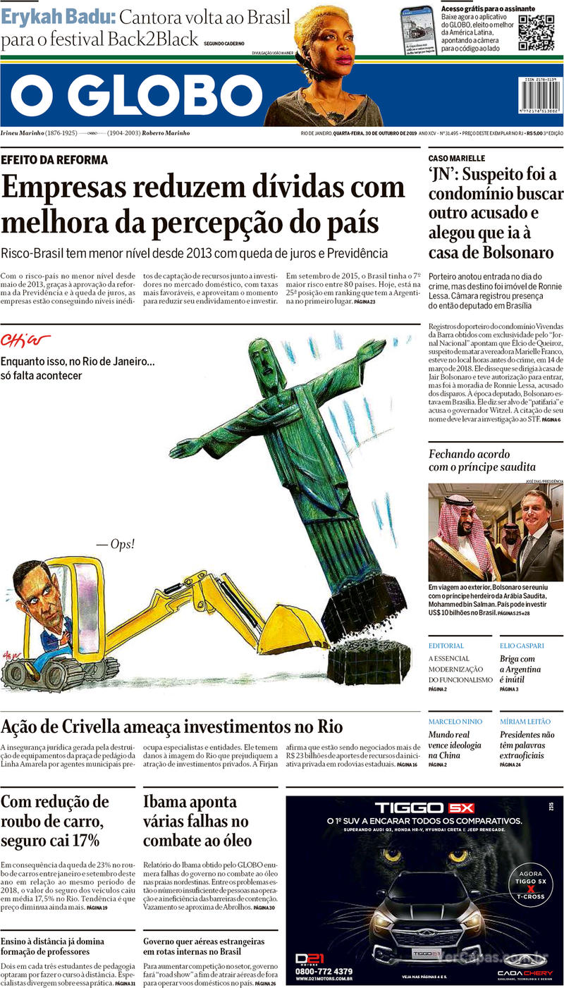Capa do jornal O Globo 30/10/2019