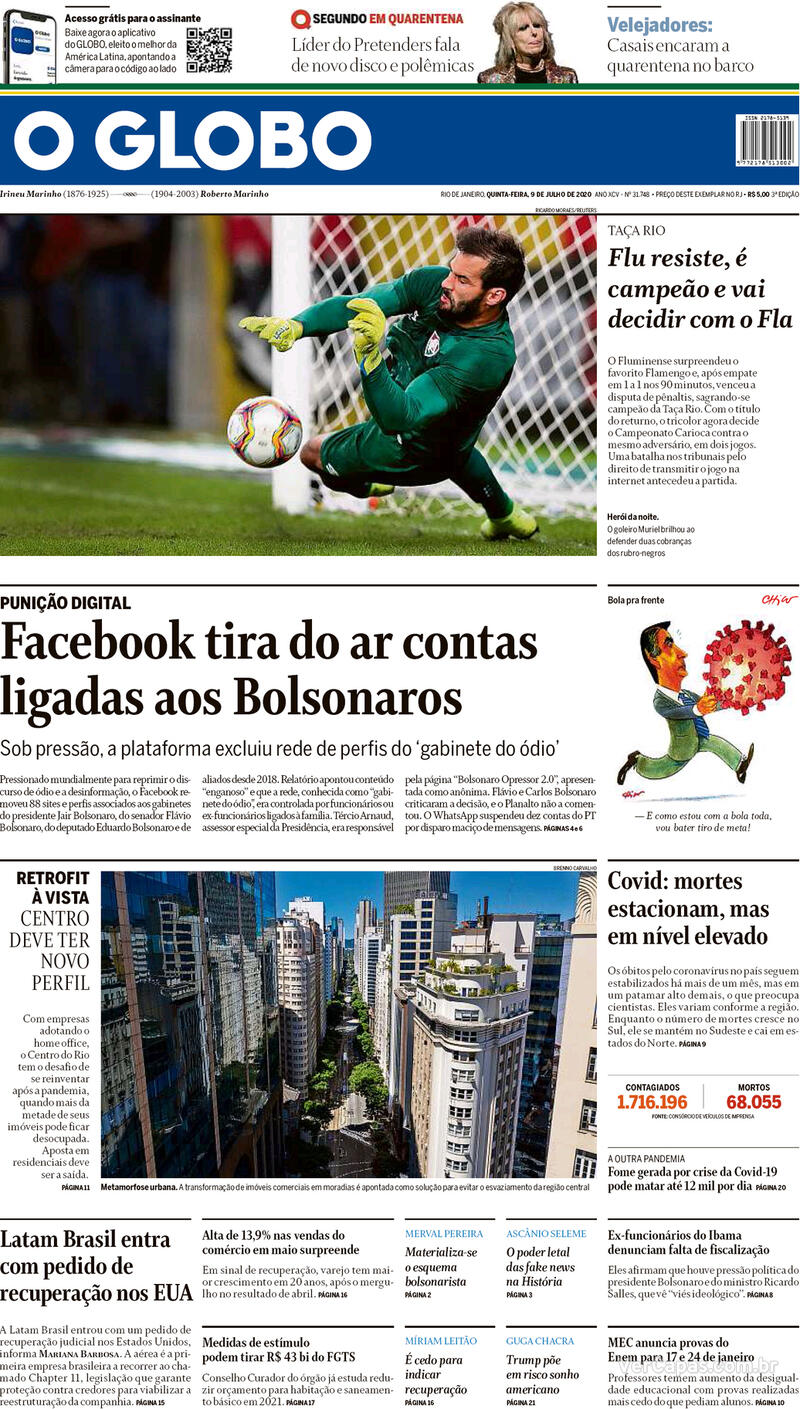 Capa O Globo Edição Quinta, 9 de Julho de 2020