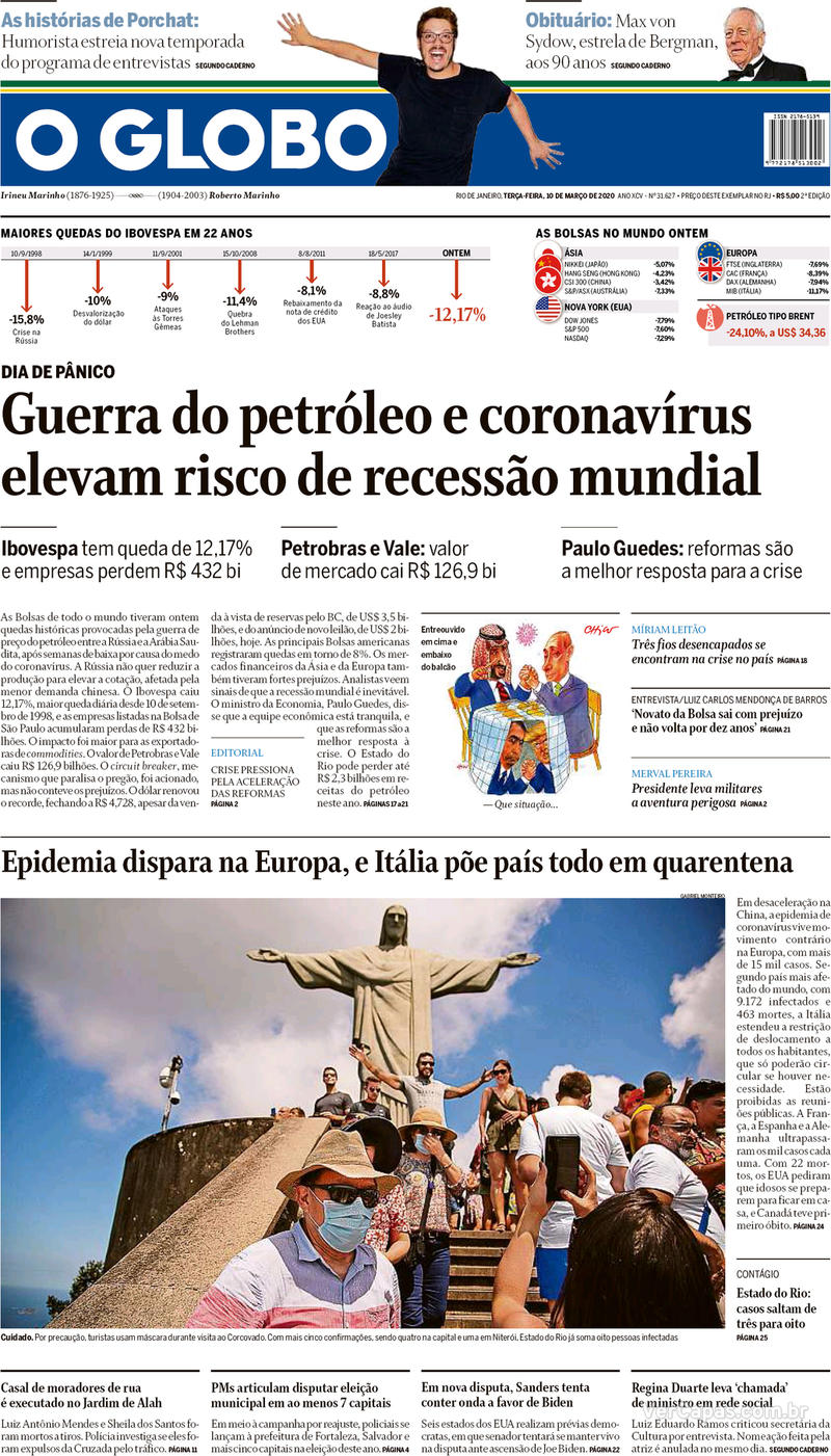 Capa O Globo Edição Terça10 De Março De 2020 3091