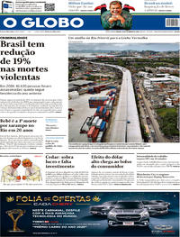 Capa do jornal O Globo 15/02/2020