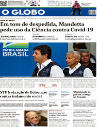 Capa do jornal O Globo 16/04/2020