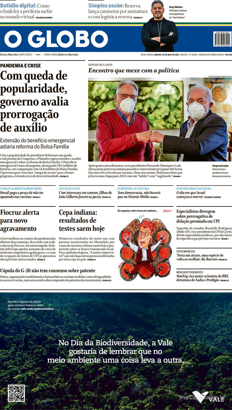 Capa O Globo Edição Sábado22 De Maio De 2021 2723