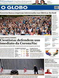 Capa do jornal O Globo 13/01/2021