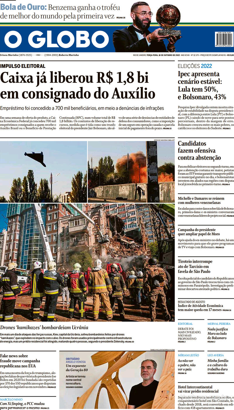 Capa O Globo Edição Terça 18 De Outubro De 2022