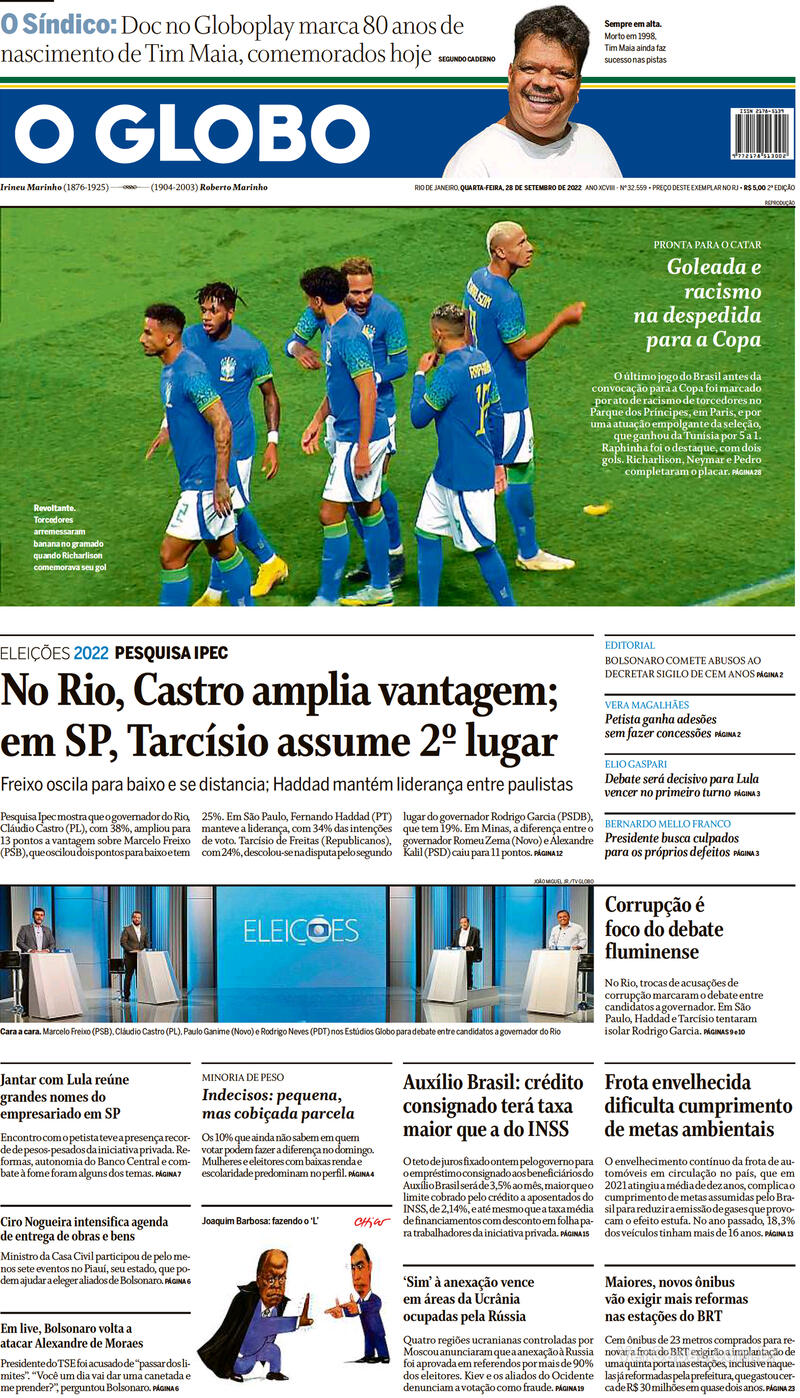 Capa O Globo Edição Quarta28 De Setembro De 2022 8085