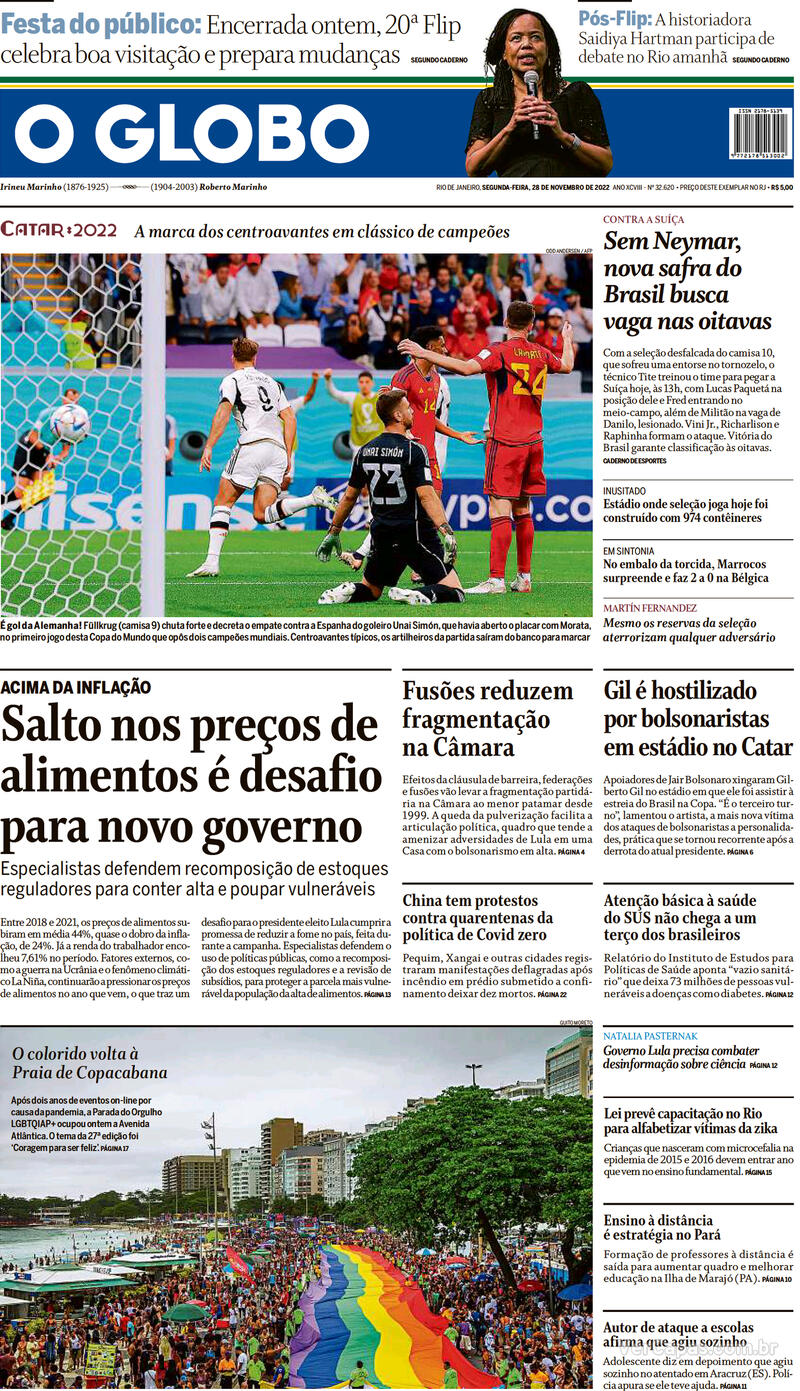 Capa O Globo Edição Segunda28 De Novembro De 2022 