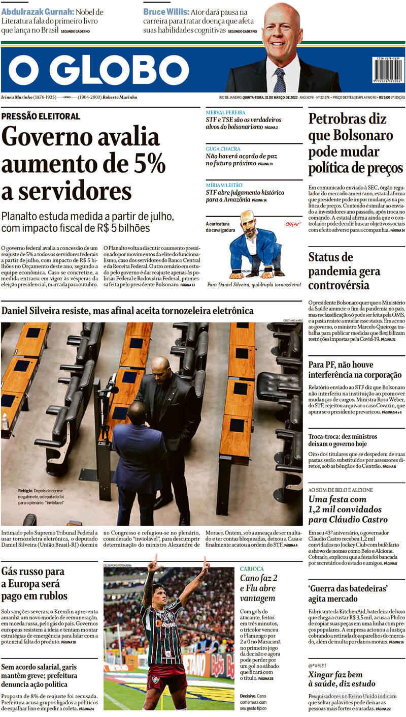 Capa do jornal O Globo 31/03/2022