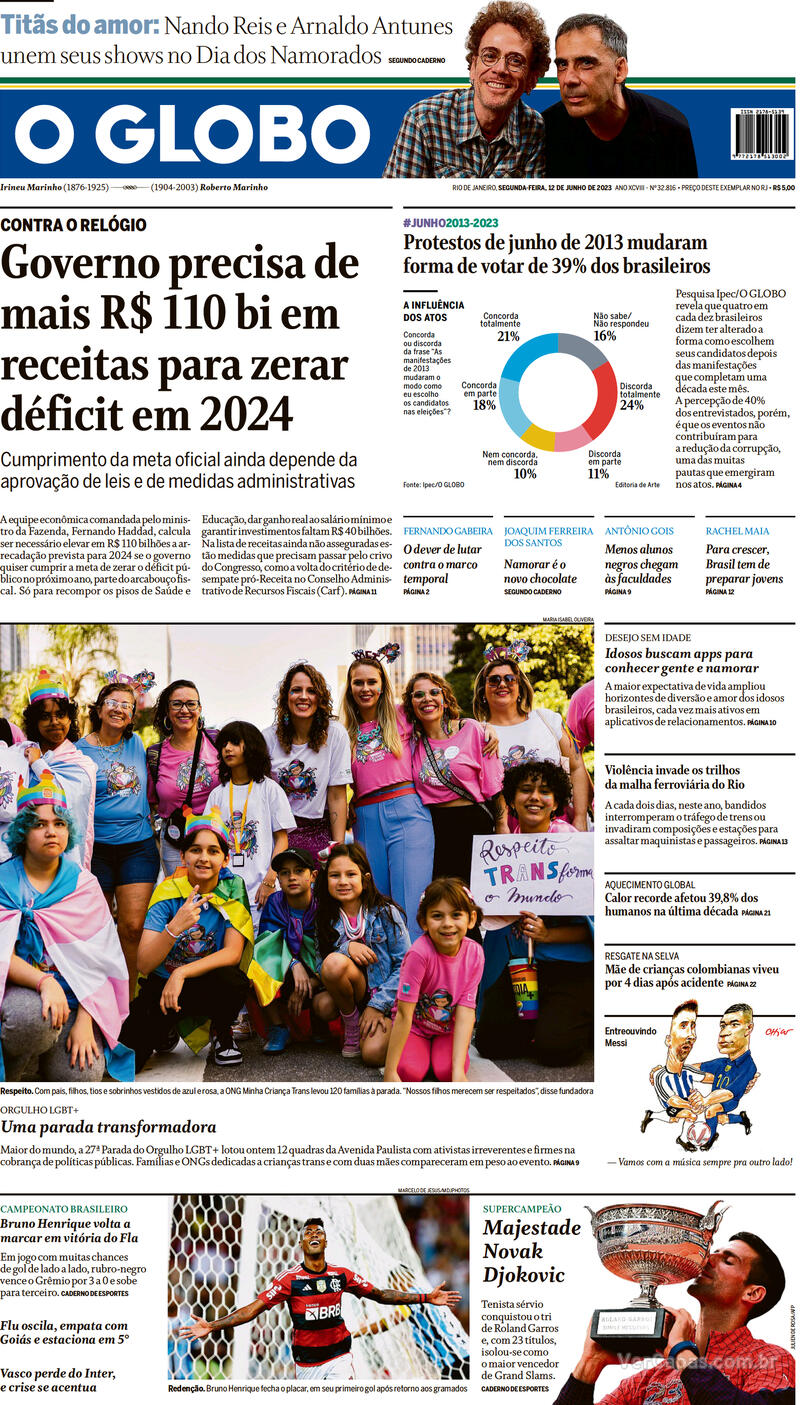 Capa O Globo Edição Segunda,26 de Junho de 2023