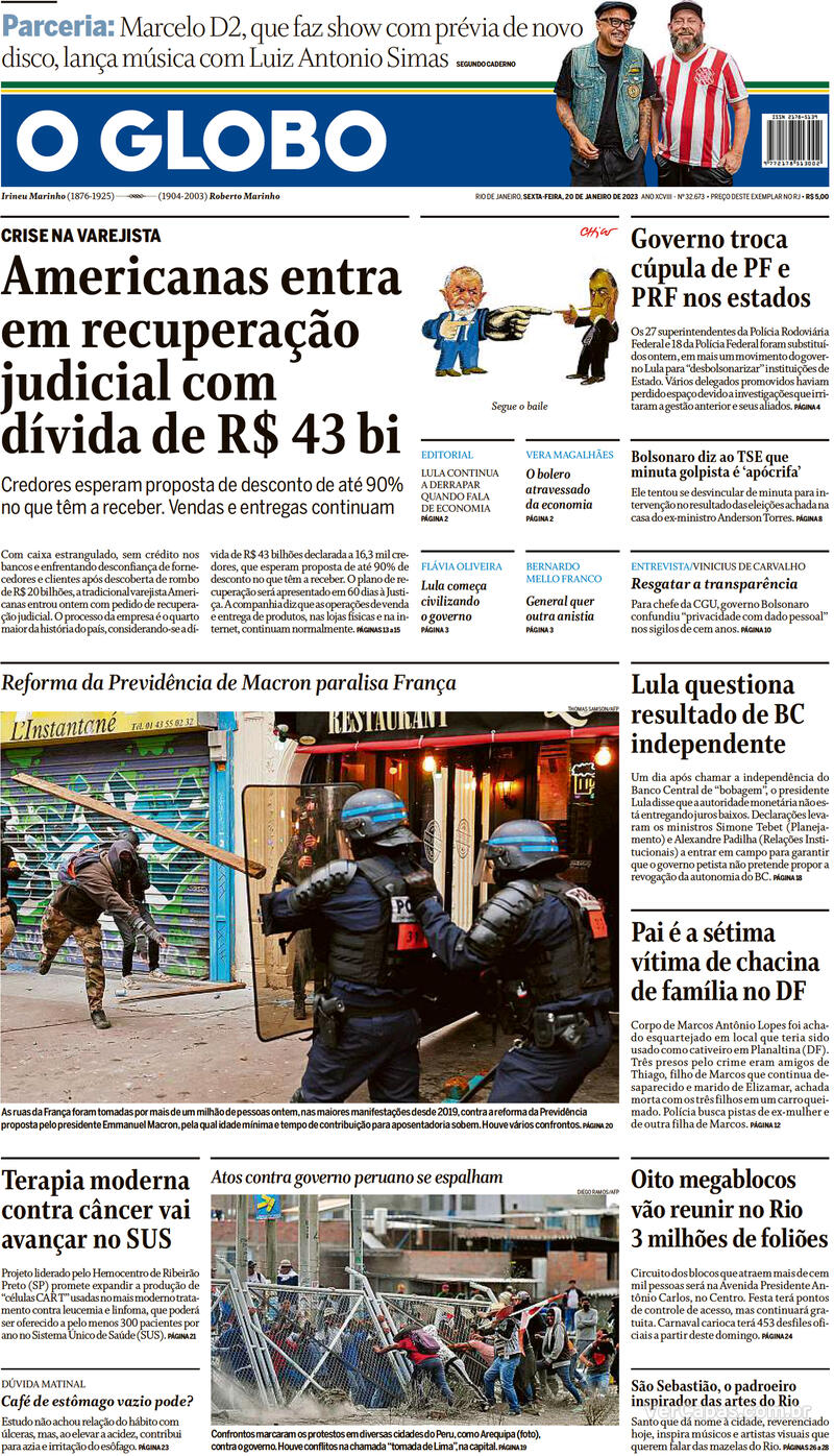 Capa O Globo Edição Sexta20 De Janeiro De 2023 3278