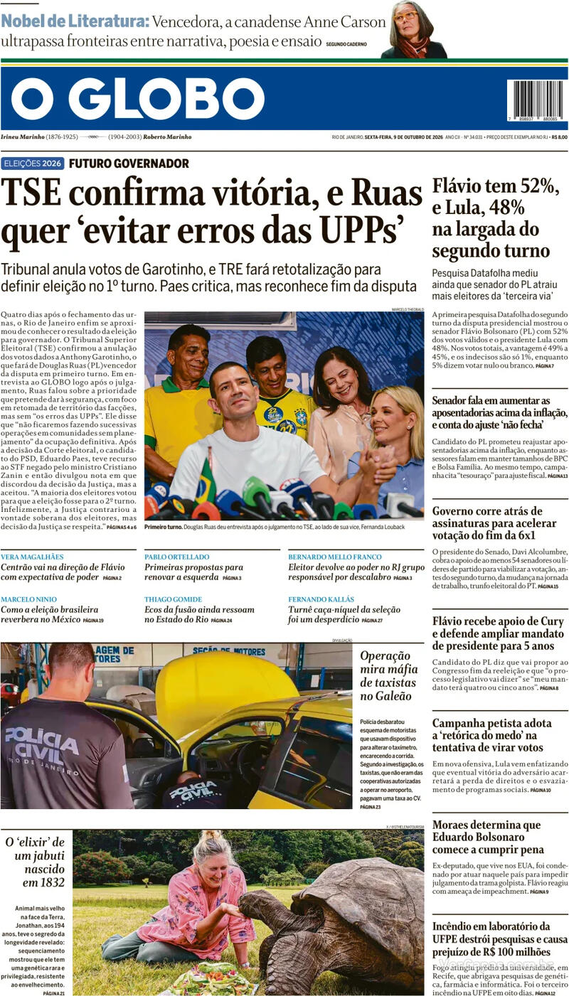 Capa do jornal O Globo de 09/10/2026