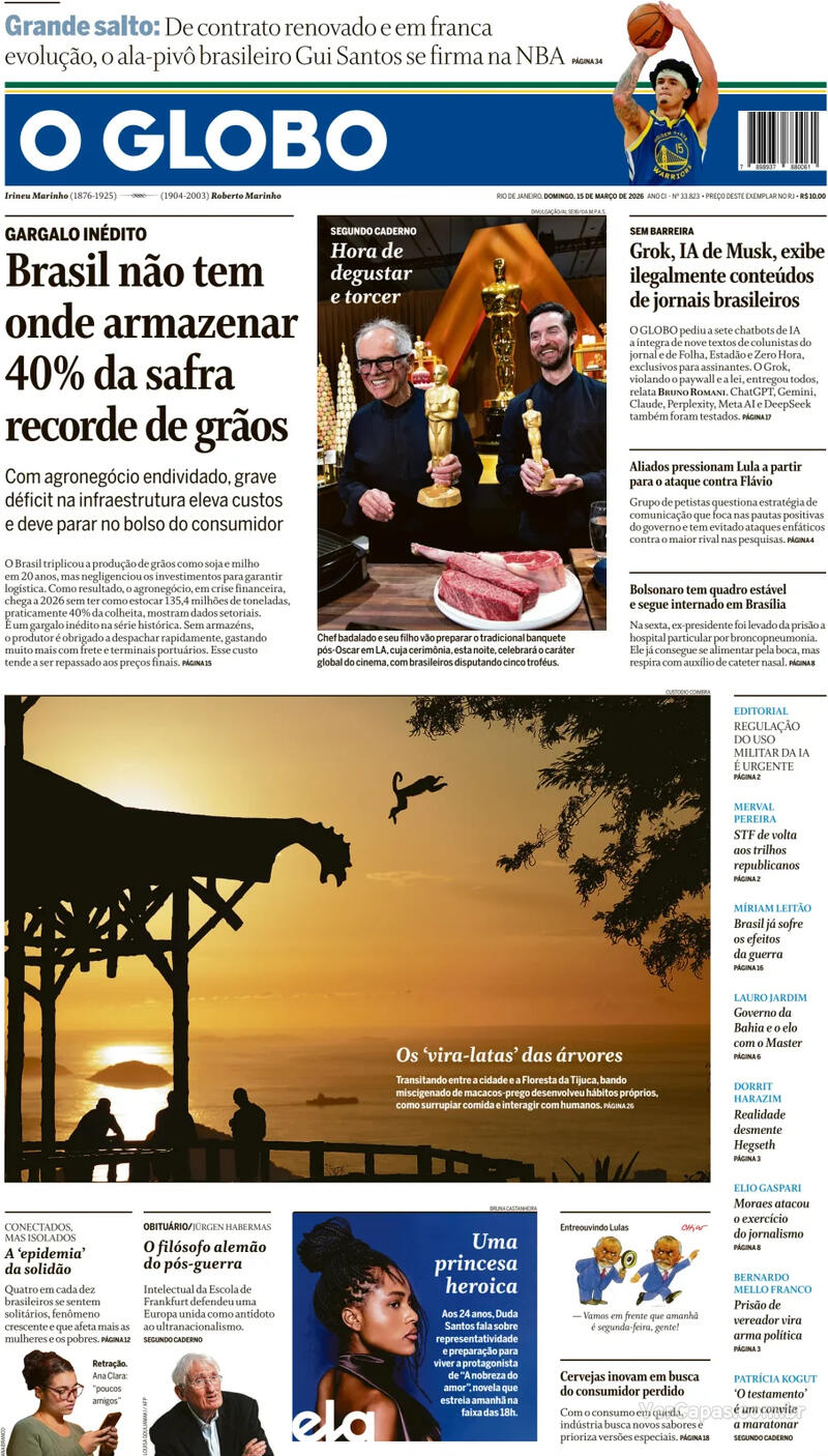 Capa do jornal O Globo 15/03/2026