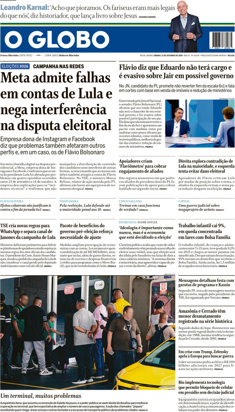 O Globo front page, 17/10/2026
