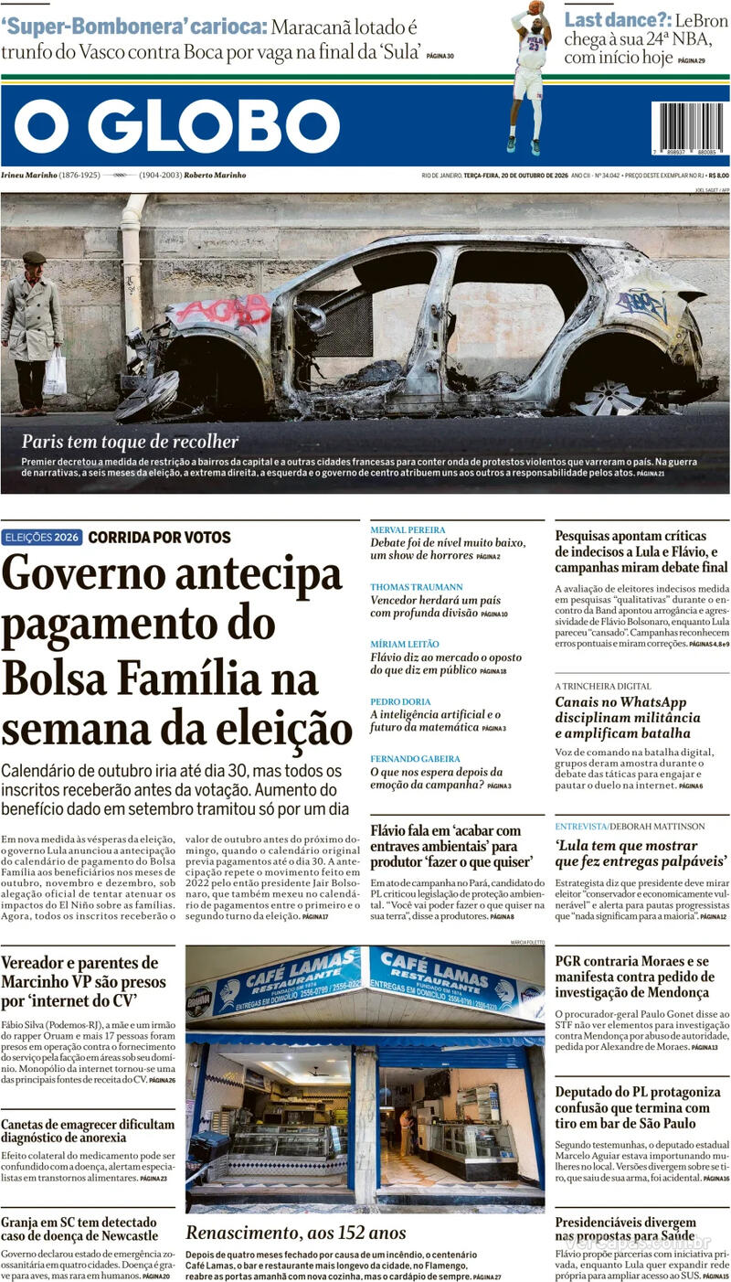 Capa do jornal O Globo de 20/10/2026