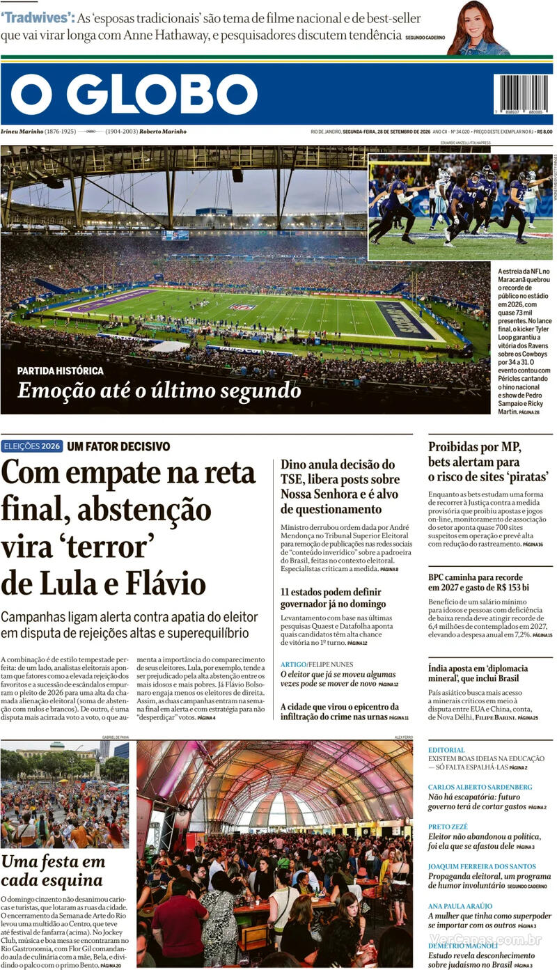 Capa do jornal O Globo de 28/09/2026
