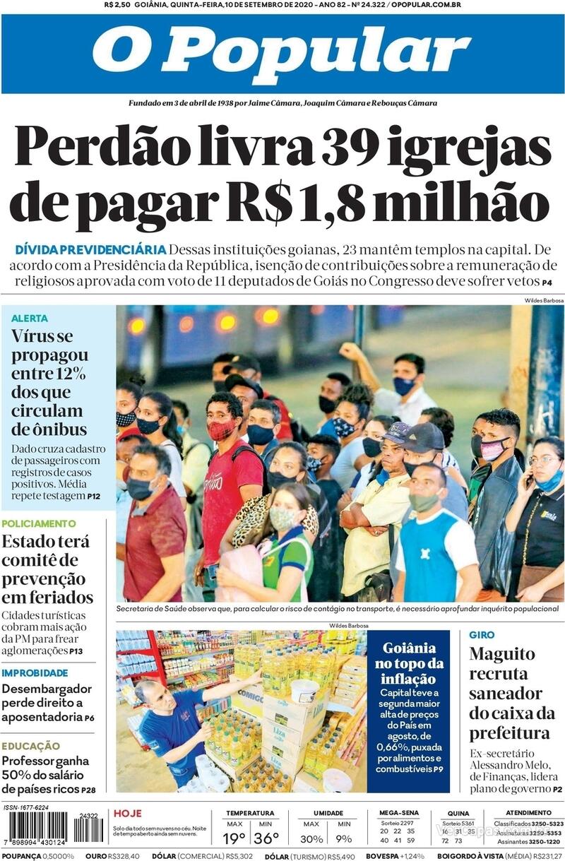 Capa do jornal O Popular 10/09/2020