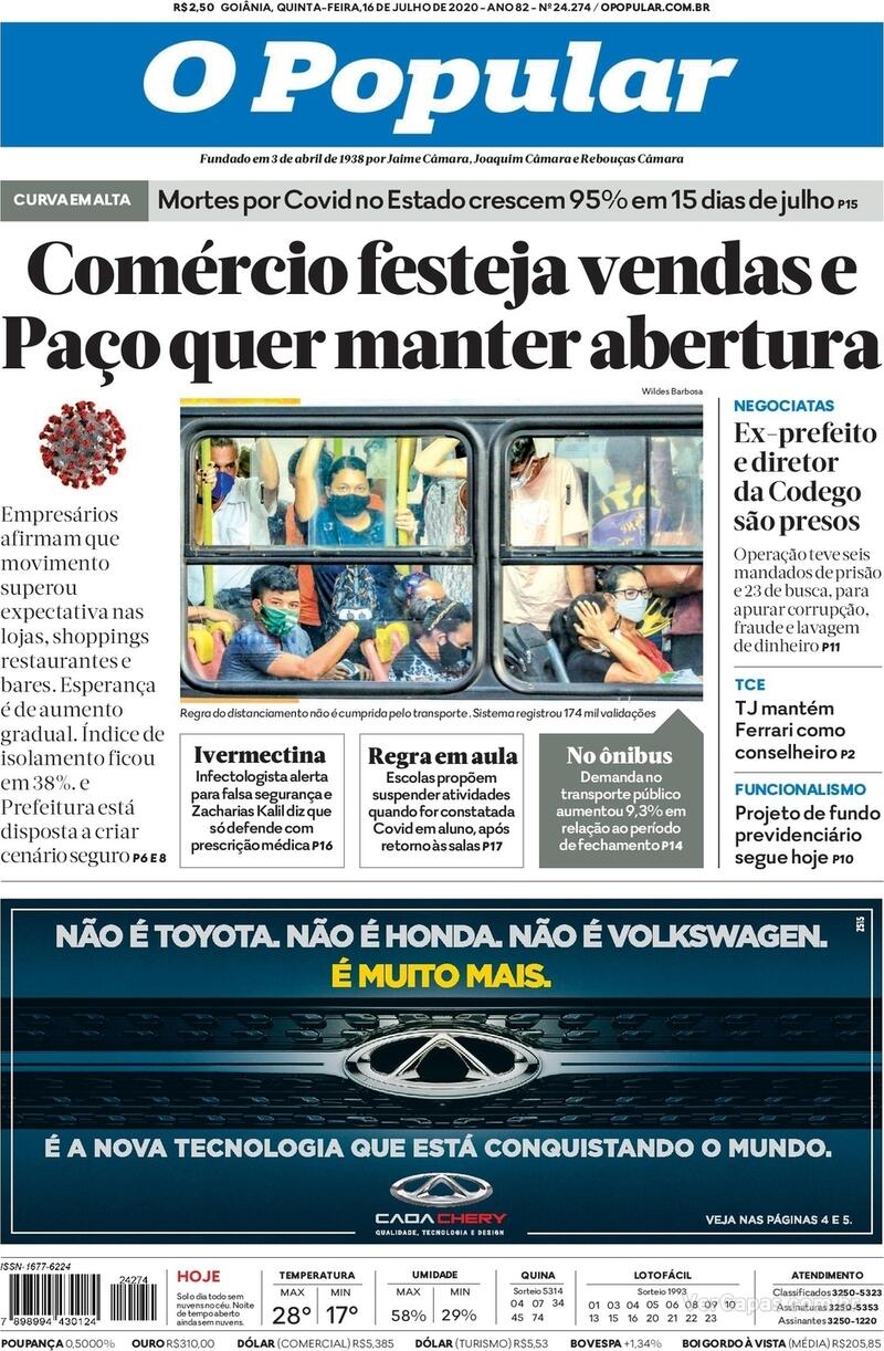 Capa do jornal O Popular 16/07/2020