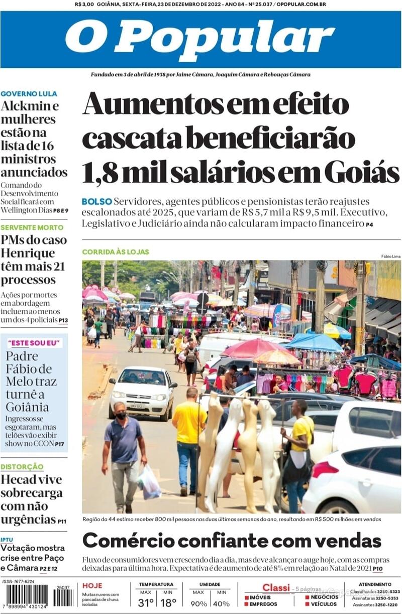 Capa do jornal O Popular 23/12/2022