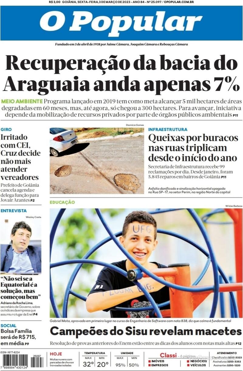 Capa do jornal O Popular 03/03/2023