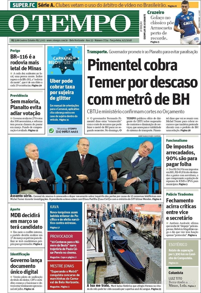 Capa do jornal O Tempo 06/02/2018