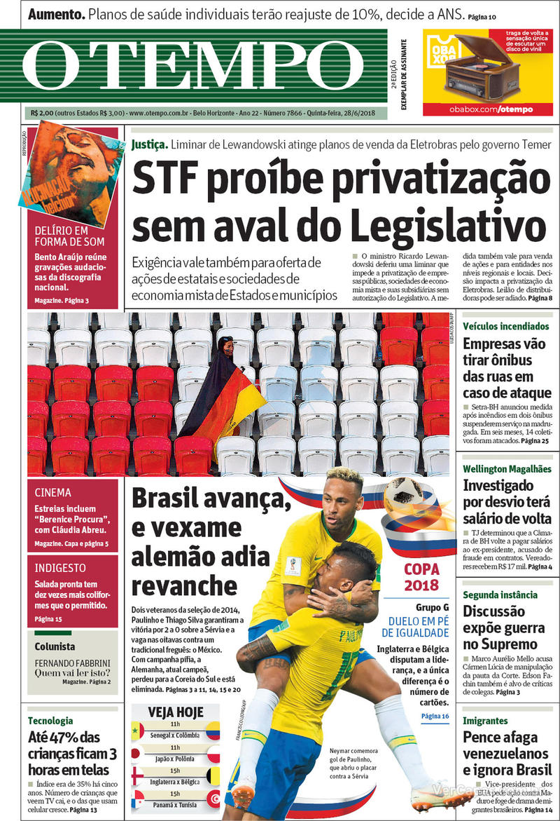 Capa do jornal O Tempo 28/06/2018