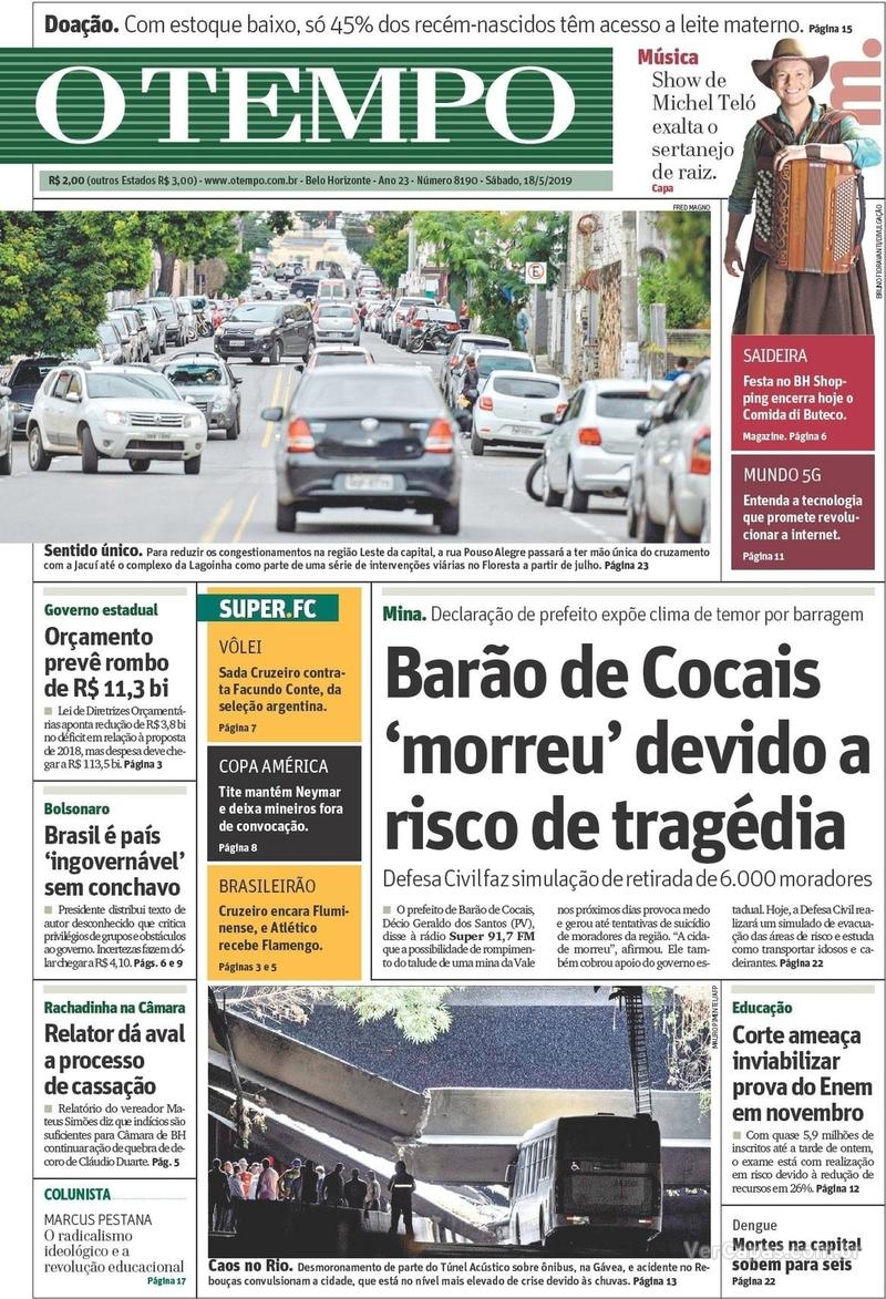 Capa do jornal O Tempo 18/05/2019