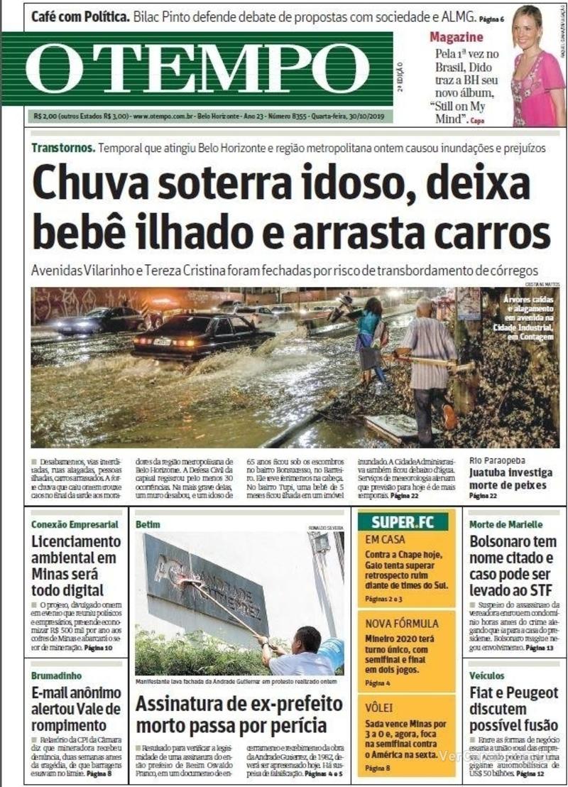 Capa do jornal O Tempo 30/10/2019
