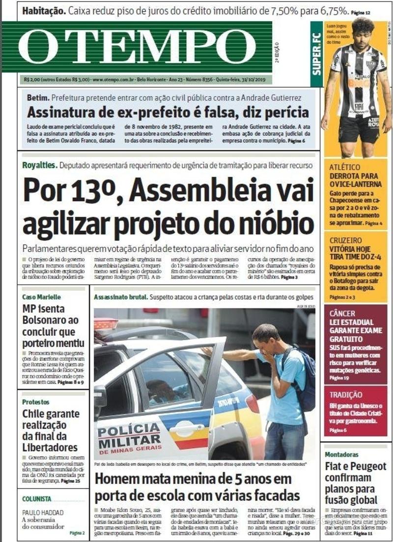 Capa do jornal O Tempo 31/10/2019